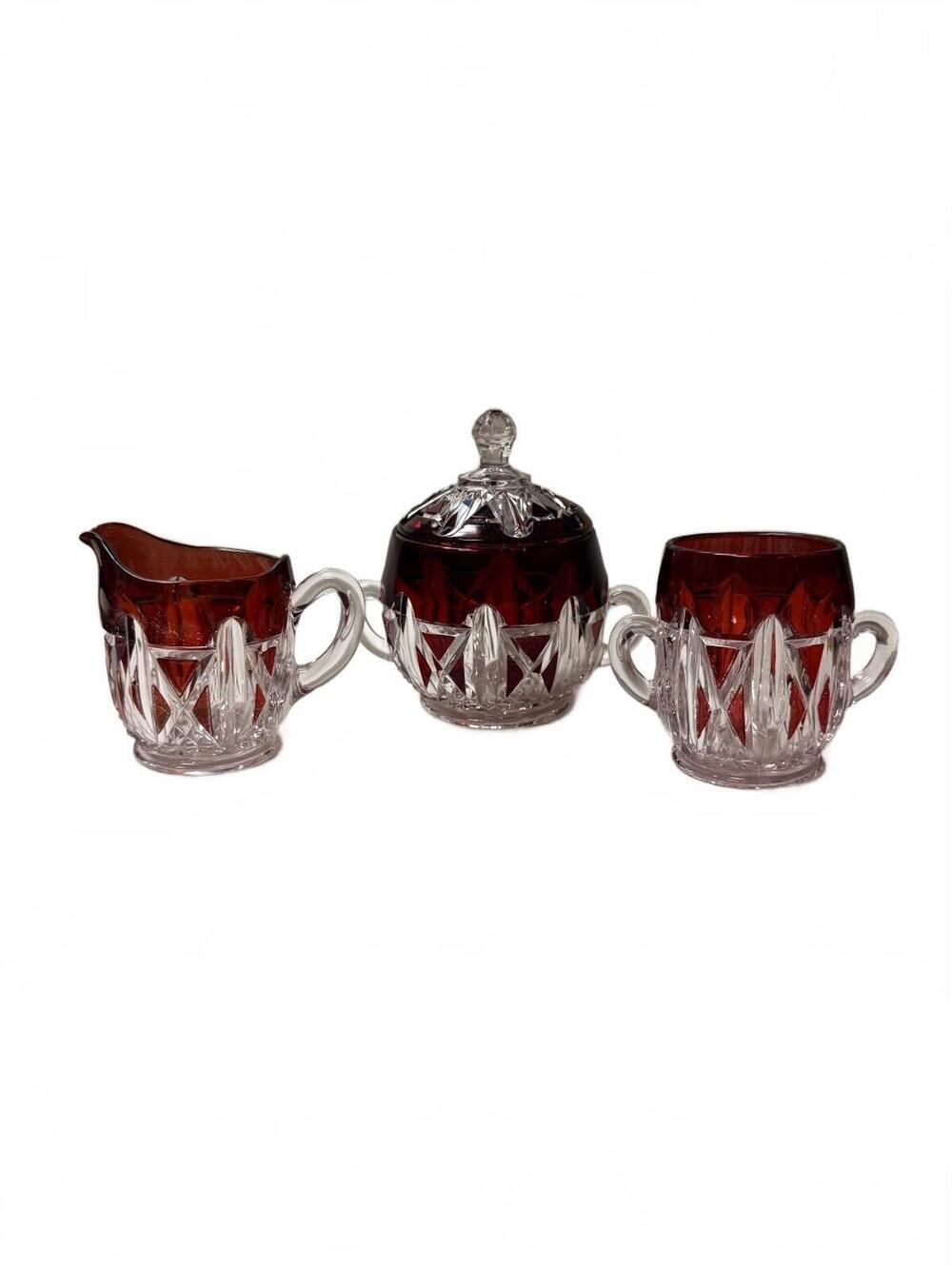 Vintage Doyle No. 76 Triple Triangle Ruby Flash Creamer Sugar Spooner Set